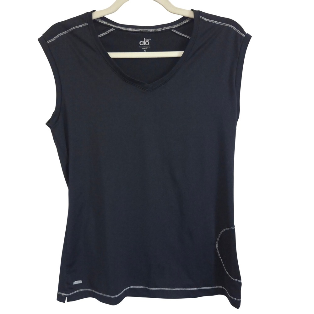Alo Yoga CoolFit Black V-Neck Sleeveless Activewear Top XL Zipper Pocket Womens